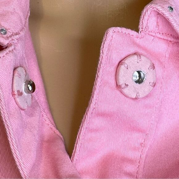 Quacker Factory Denim Button Down Jacket  Distressed Rhinestone Hearts Pink S - Picture 9 of 15
